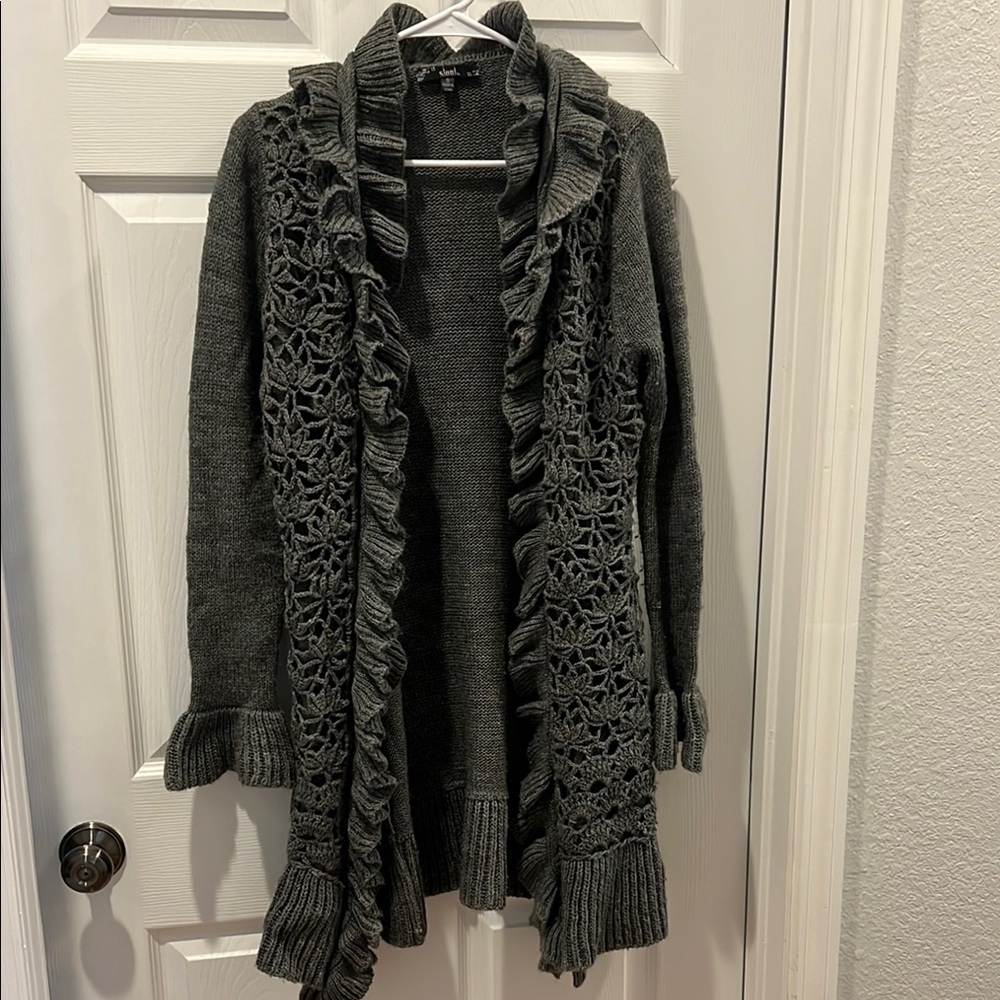 Gray Ruffled Knit Cardigan Sweater